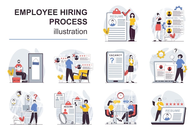 Employee hiring process concept with character situations mega set Vector illustrations