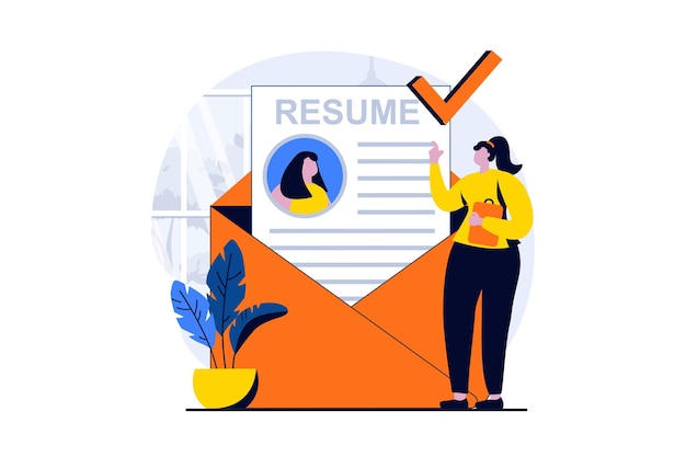 Employee hiring process concept with people scene in flat cartoon design woman writes and sends online resume to company Human resources and recruitment Vector illustration visual story for web