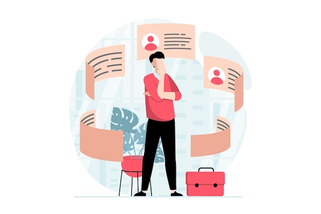 Employee hiring process concept with people scene in flat design Man thinks and chooses between different resumes from job applicants to office Vector illustration with character situation for web