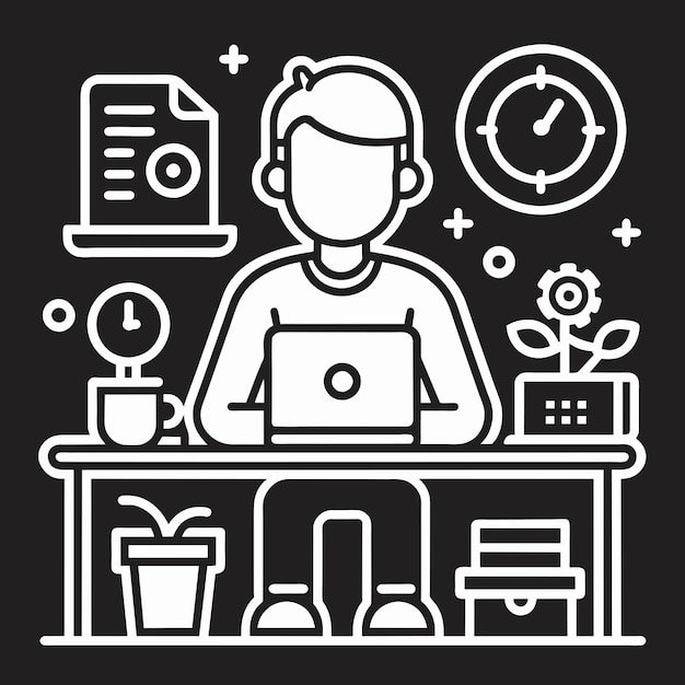 An employee is working at a computer desk Simple outline style Vector