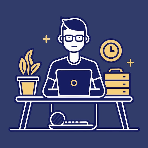 An employee is working at a computer desk Simple outline style Vector