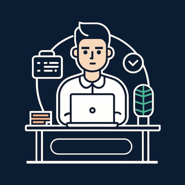 An employee is working at a computer desk Simple outline style Vector