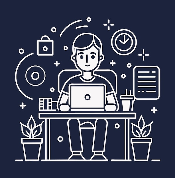 An employee is working at a computer desk Simple outline style Vector