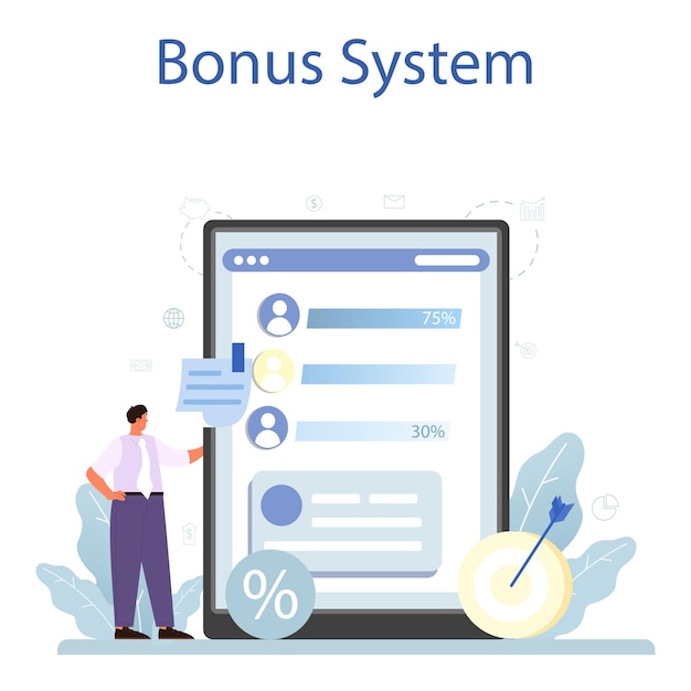 Employee loyalty online service or platform Staff management empolyee development and adaptation program Online bonus system Flat vector illustration