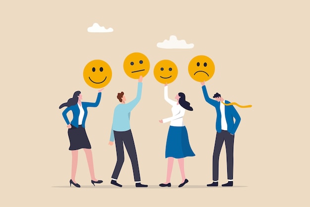 Employee morale team spirit work passion or job satisfaction worker wellbeing or feeling attitude and motivation concept businessman and businesswoman team showing emotion happy and sad faces