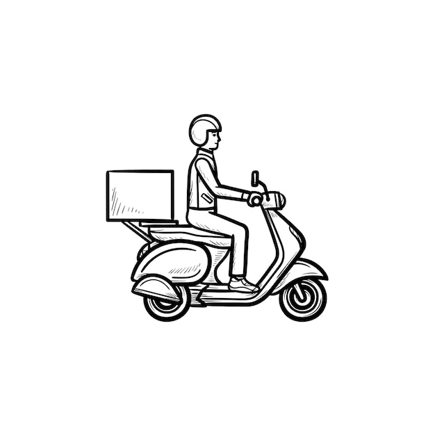 Employee riding delivery bike hand drawn outline doodle icon. Motorbike and business, courier, scooter concept