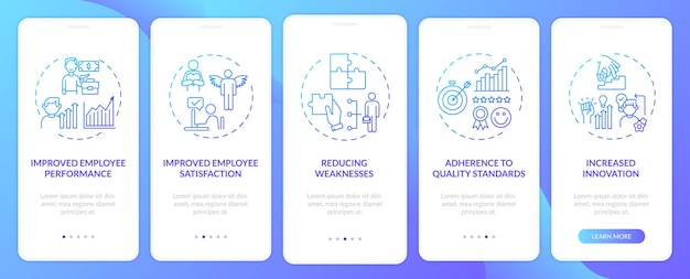 Employee training benefits onboarding mobile app page screen with concepts. Performance, satisfaction walkthrough  steps. UI  template with RGB color