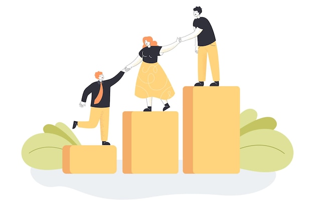 Vector employees giving hands and help to colleagues to walk upstairs. mentor or leader and his team growing together flat vector illustration. leadership, teamwork, mentorship, cooperation concept