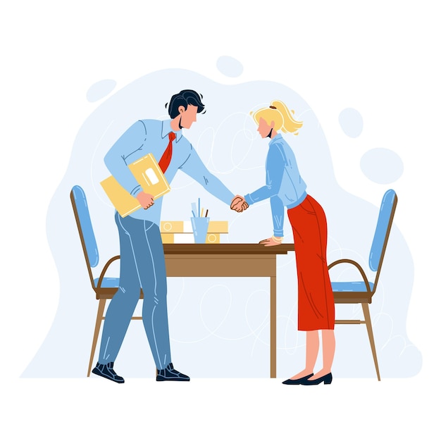 Employees Hiring Director Welcoming Woman Vector. Boss Man Handshaking Girl Hand Worker Hiring In Office. Characters Chief And Hired Colleague In Elegant Suit Flat Cartoon Illustration