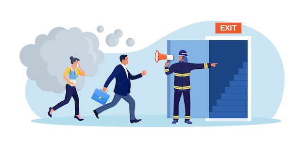 Employees leaving office workplace in lifethreatening situation Building evacuation procedure Fireman with megaphone announces fire emergency evacuation alarm Firefighter with loudspeaker