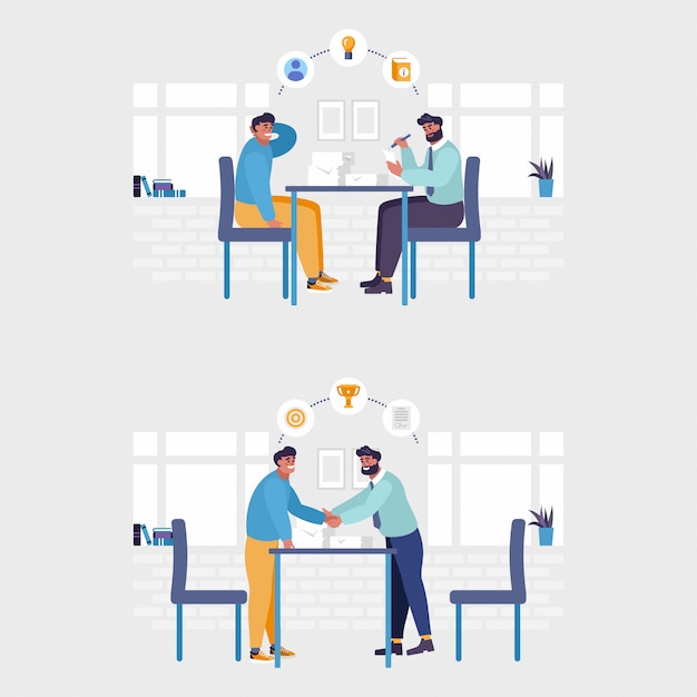 Employer and candidate talking at job interview illustration. Job interview and employment, business meeting and recruitment, HR manager and job vacancy concept. Isolated illustration.