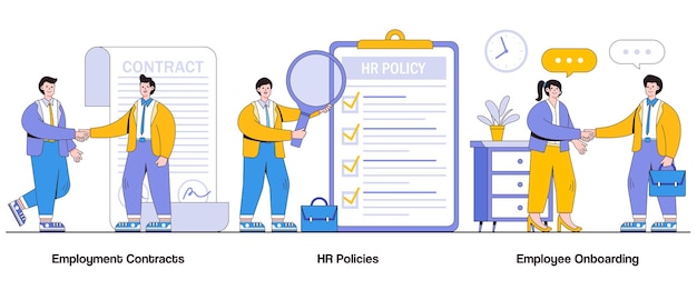 Employment Contracts HR Policies Employee Onboarding Concept with Character Workplace Compliance Abstract Vector Illustration Set Hiring Process Policy Awareness Employee Rights Metaphor