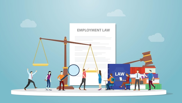 Employment law concept with document paper and gavel scales and people employee