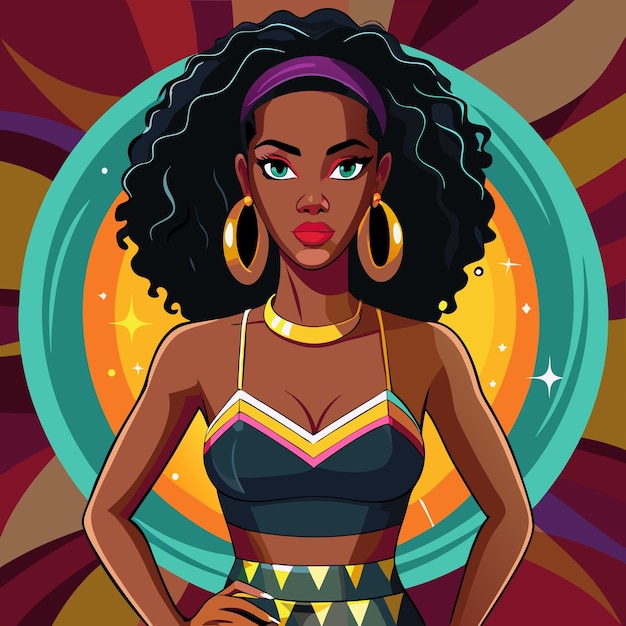 Vector empowered black woman in colorful outfit confident cartoon character illustration