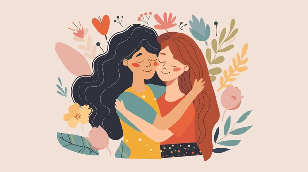 Vector empowering women two women hugging and supporting each other on womens day card