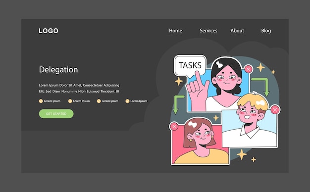 Empowerment dark or night mode web landing team leader effectively delegates tasks to team members