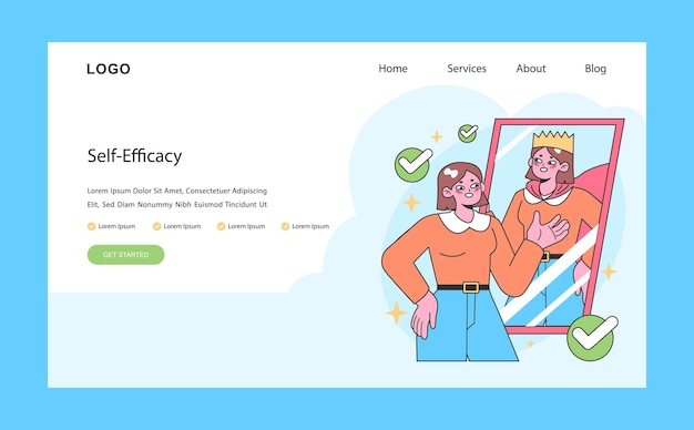Empowerment and selfefficacy web or landing woman sees her confident reflection increasing of