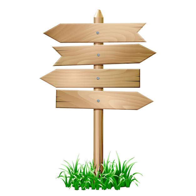 Empty arrows wooden sign on white background. Each one is shot separately. Wooden signpost in grass. Vector illustration