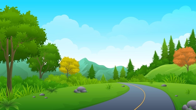 Empty Asphalt road going through the hill with beautiful nature landscape, trees and mountain vector