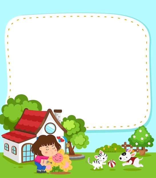 Empty banner template with kid girl looking at flower in front of the house illustration