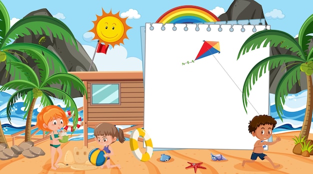 Empty banner template with kids on vacation at the beach daytime scene