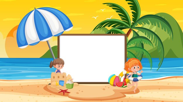 Vector empty banner template with kids on vacation at the beach sunset scene