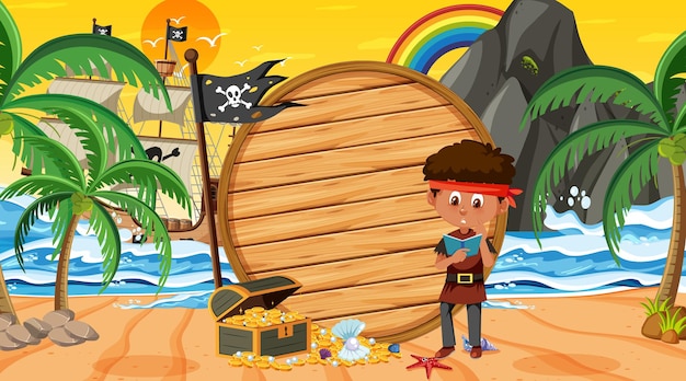 Empty banner template with pirate boy at the beach sunset scene