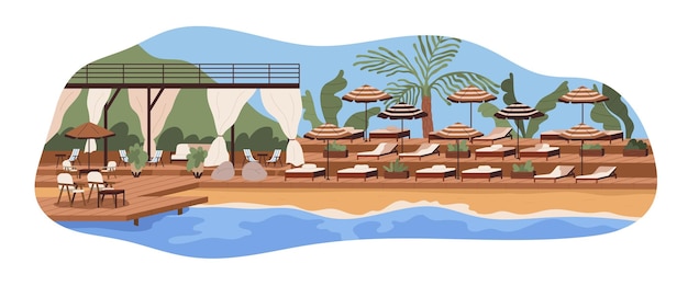 Empty beach club at luxury sea resort. Chaise lounges, deck chairs, umbrellas, parasols, modern furniture at tropical seaside landscape. Flat graphic vector illustration isolated on white background