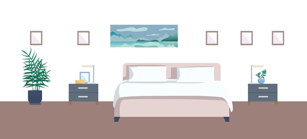 Empty bedroom flat color illustration. Cozy hotel room 2D cartoon interior decor with painting on background. Comfortable accommodation furnishing. Made bed with nightstands and houseplant