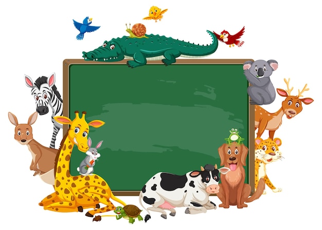 Empty blackboard with various wild animals