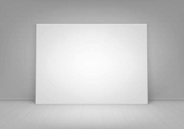 Empty Blank White Mock Up Poster Picture Frame Standing on Floor with Wall Front View