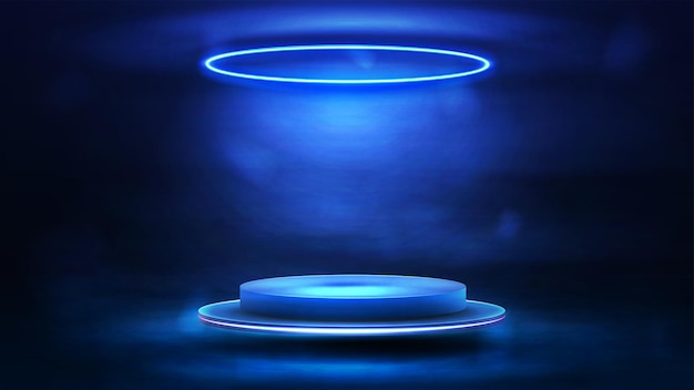 Empty blue podium floating in the air with blue neon ring lamp on the ceiling