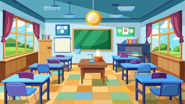 Vector empty classroom interior school or college class with teacher table laptop blackboard