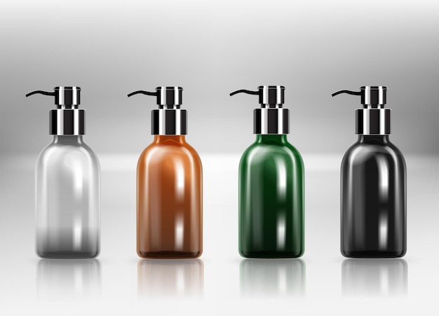 Empty and clean realistic plastic bottles with pump dispenser. Blank template container for shower gel, shampoo, cream or lotion. Mock up of white, black, beige and gold package for cosmetic product.