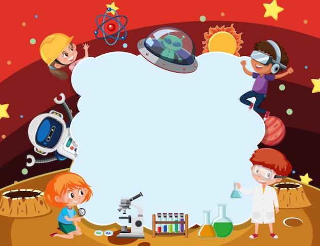 Empty cloud banner with kids in technology theme