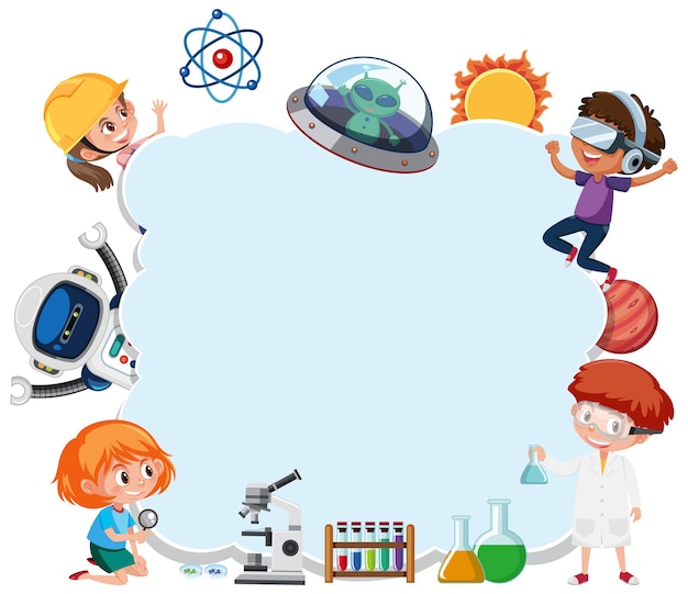 Empty cloud banner with kids in technology theme