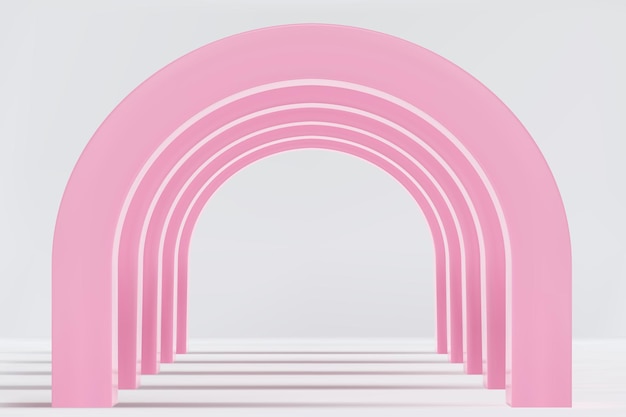 Empty corridor of several pink round arches in perspective with white floor and shadows