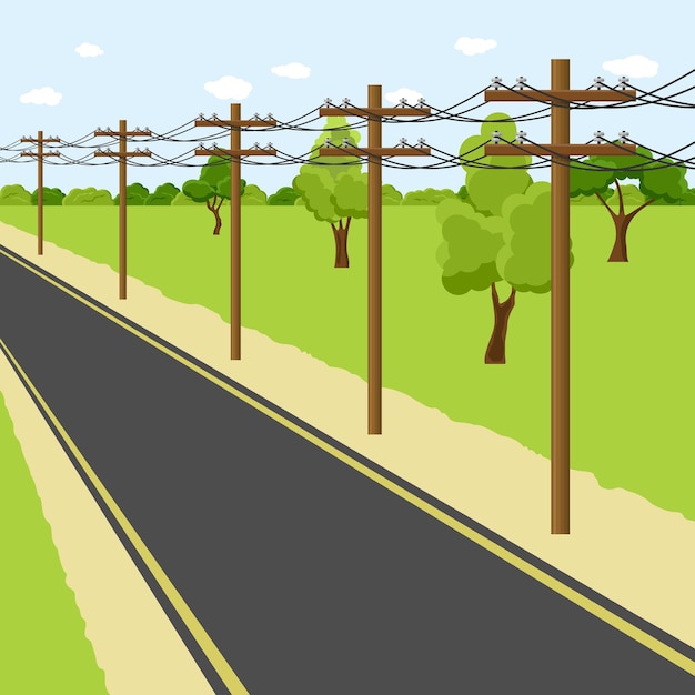 Empty countryside road with electricity pole along the way. Utility pole Electricity concept. High voltage wires. Landscape vector illustration