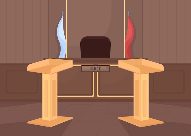 Empty court room flat color illustration. Criminal lawsuit. Prosecution and attorney counter. Legal justice. Legislation system. Courthouse 2D cartoon interior with judge stand on background