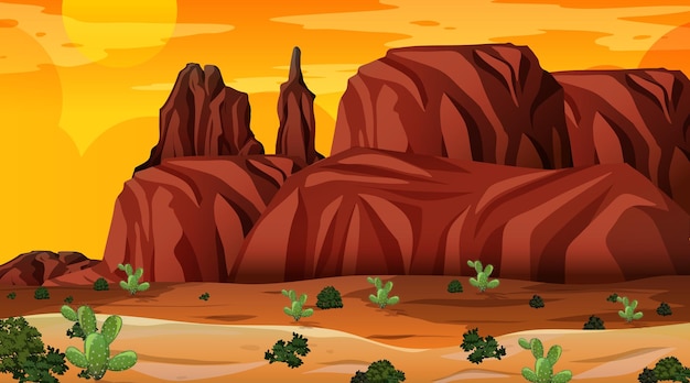 Vector empty desert forest landscape at sunset time scene