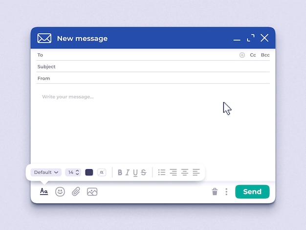 Empty email window. Mail app interface template, sending email mockup and New message UI