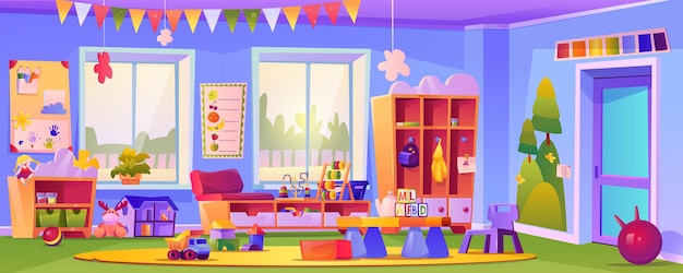 Empty kindergarten classroom with toys and cubes