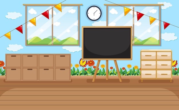 Vector empty kindergarten room with classroom objects and interior decoration