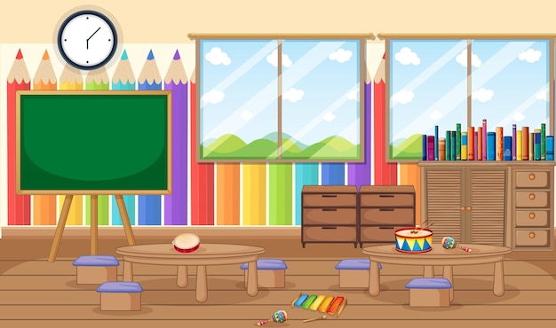 Empty kindergarten room with classroom objects and interior decoration