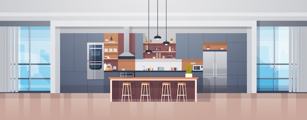 Empty Kitchen Interior With Modern Furniture Counter And Appliances