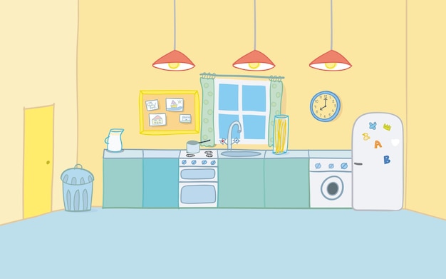 Empty kitchen room background illustration with cartoon interior design