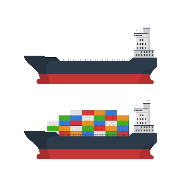 Empty and loaded cargo ship with containers isolated on white Freight transport with container ship Import and export maritime logistic service International delivery concept Vector illustration