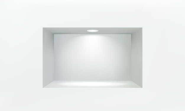 Vector empty niche or shelf on white wall with led spotlight 3d mockup