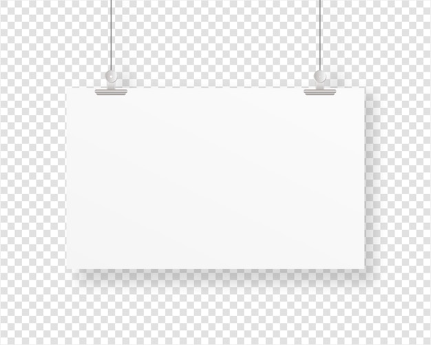 Empty paper frame  hanging with paper clip. Blank poster template.   . Template . Realistic  illustration.