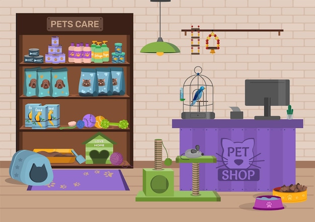 Vector empty pet shop store interior without people vector illustration